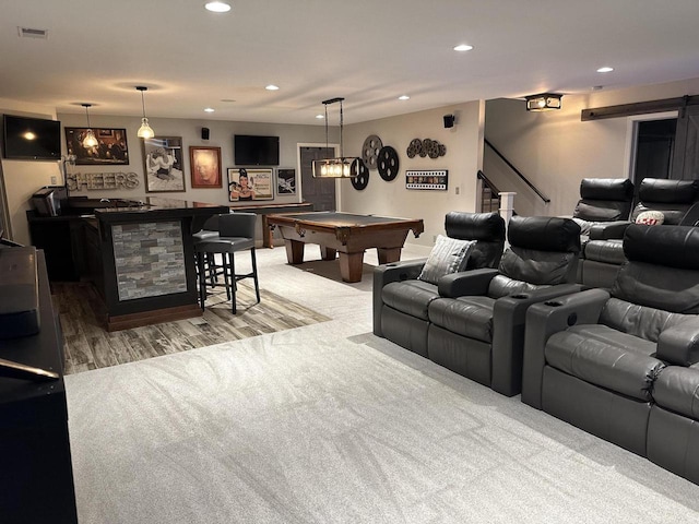 6606 Fieldstone Ct, Racine, WI 53402 - home theater with billiards table, bar, recessed lighting, and wood finished floors