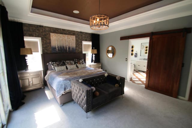 6606 Fieldstone Ct, Racine, WI 53402 - bedroom featuring a raised ceiling, carpet flooring, a chandelier, and ensuite bathroom