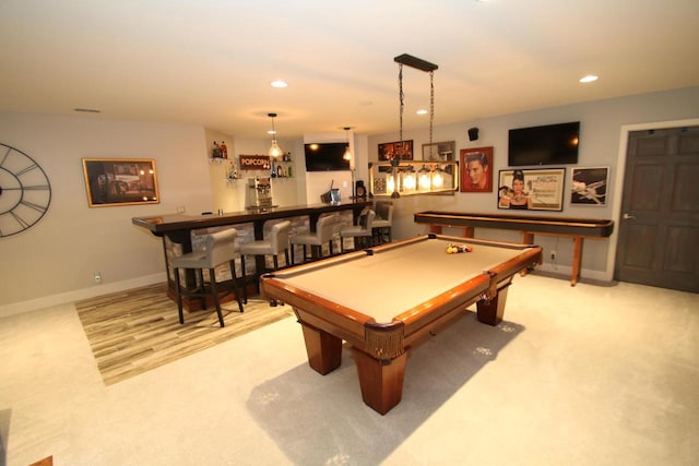 6606 Fieldstone Ct, Racine, WI 53402 - game room with bar with sink, recessed lighting, billiards, baseboards, and carpet floors