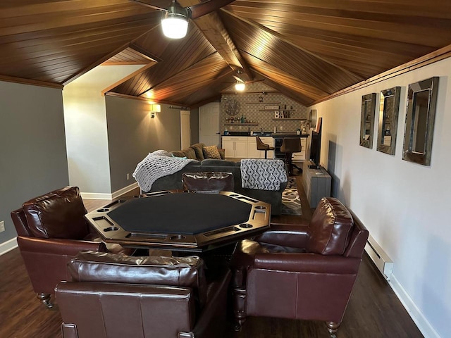 6606 Fieldstone Ct, Racine, WI 53402 - home theater featuring baseboards, wood finished floors, wooden ceiling, vaulted ceiling, and bar