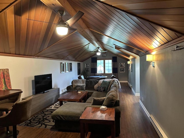 6606 Fieldstone Ct, Racine, WI 53402 - living room with baseboard heating, baseboards, dark wood finished floors, lofted ceiling, and ceiling fan