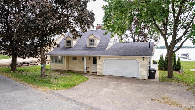 2894 Waubesa Ave, Madison, WI 53711 - new england style home with asphalt driveway, an attached garage, a chimney, roof with shingles, and a front yard