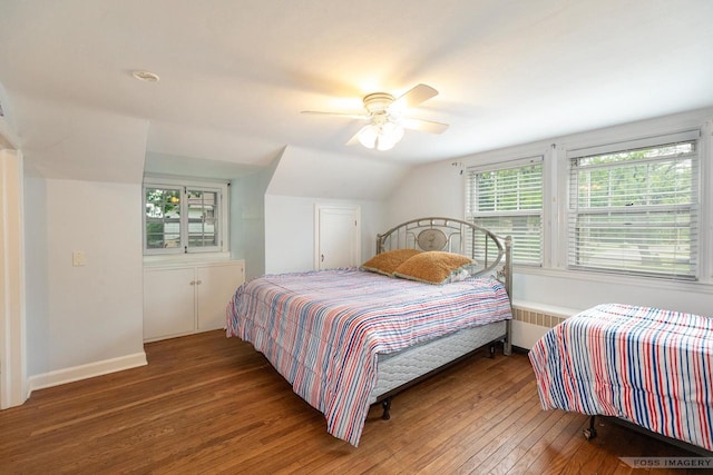 2894 Waubesa Ave, Madison, WI 53711 - bedroom with hardwood / wood-style flooring, radiator, baseboards, ceiling fan, and vaulted ceiling