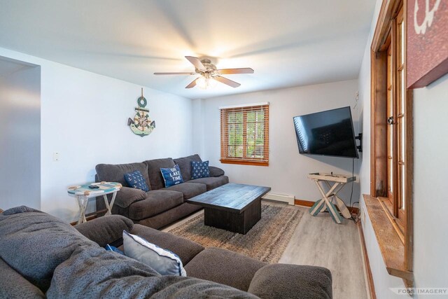 2894 Waubesa Ave, Madison, WI 53711 - living room featuring a ceiling fan, wood finished floors, and baseboard heating