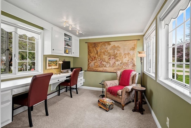 2522 Martha Ave, Green Bay, WI 54301 - office space featuring built in desk, light carpet, track lighting, baseboards, and ornamental molding