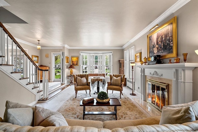 2522 Martha Ave, Green Bay, WI 54301 - living room featuring stairway, ornamental molding, a fireplace, and baseboards