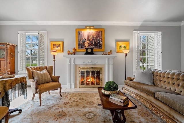 2522 Martha Ave, Green Bay, WI 54301 - living room with ornamental molding, a tiled fireplace, and baseboards