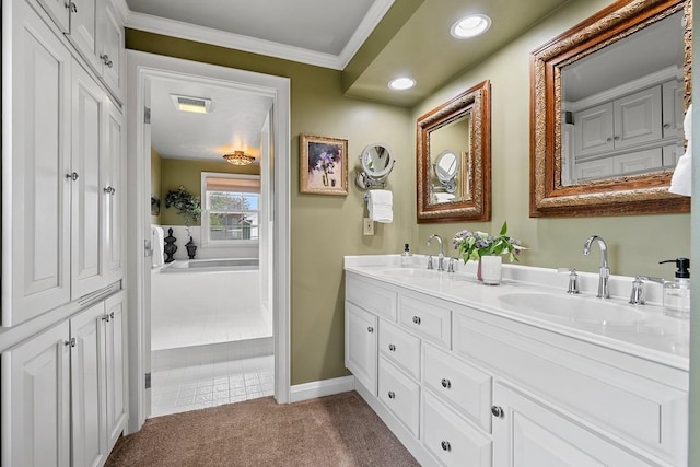 2522 Martha Ave, Green Bay, WI 54301 - full bath with baseboards, ornamental molding, double vanity, and recessed lighting