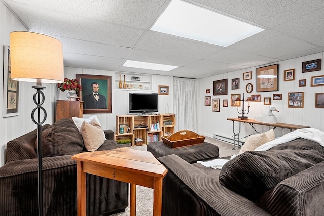 2522 Martha Ave, Green Bay, WI 54301 - living room with a baseboard radiator, a paneled ceiling, and carpet floors