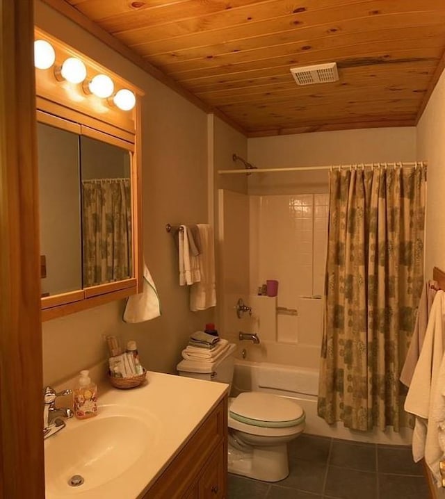 7431 Jordan Buck Trl, Danbury, WI 54830 - bathroom with wood ceiling, tile patterned flooring, vanity, shower / bath combo with shower curtain, and toilet