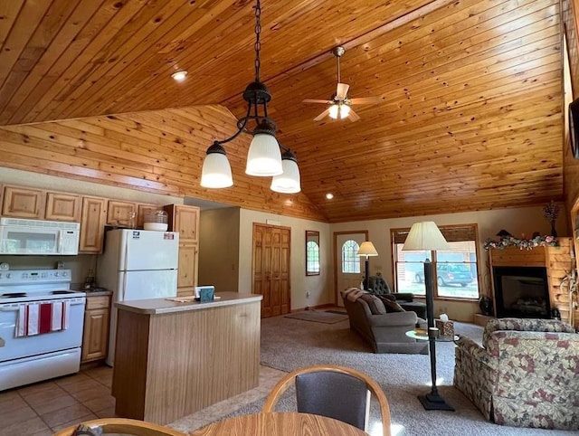 7431 Jordan Buck Trl, Danbury, WI 54830 - kitchen with white appliances, wooden ceiling, open floor plan, a kitchen island, and a ceiling fan