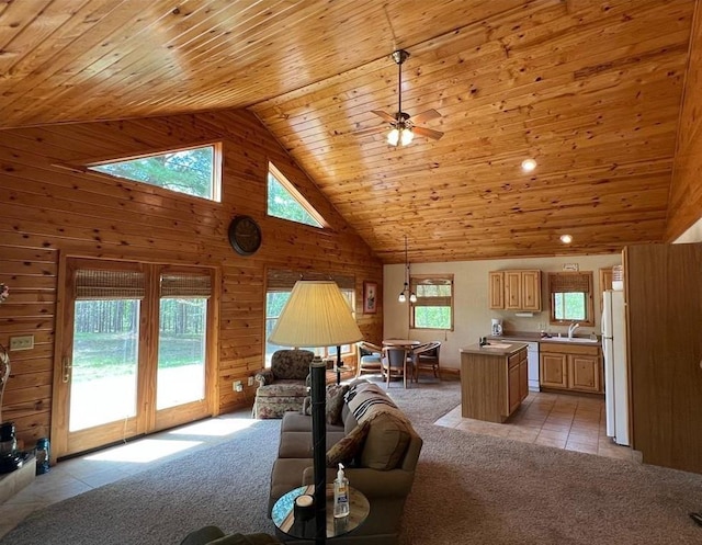 7431 Jordan Buck Trl, Danbury, WI 54830 - living area with high vaulted ceiling, wood ceiling, light colored carpet, wooden walls, and light tile patterned flooring
