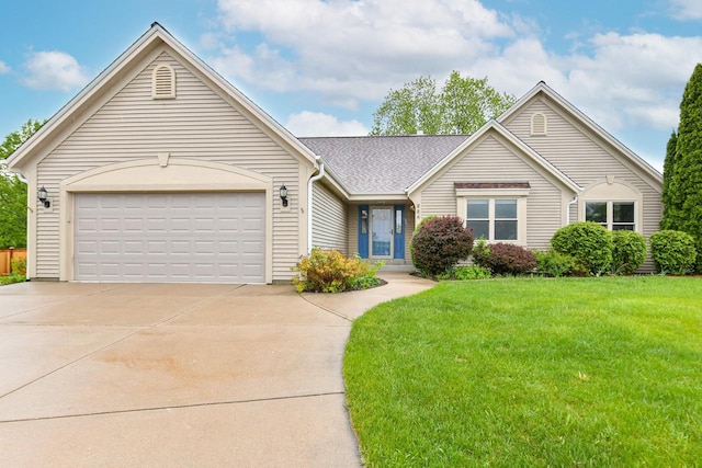 884 Joshua Ct, Pewaukee, WI 53072 - ranch-style house featuring driveway, a front yard, a garage, and a shingled roof