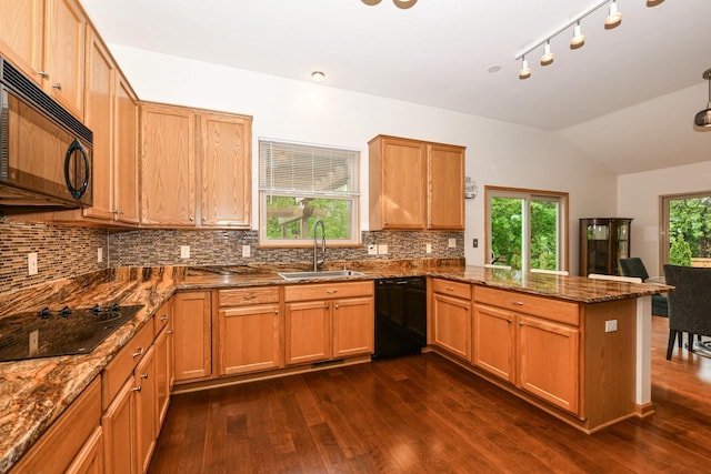 884 Joshua Ct, Pewaukee, WI 53072 - kitchen featuring black appliances, a sink, a peninsula, dark wood-type flooring, and decorative backsplash