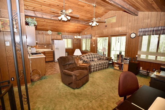 W1829 Broken Bow Rd, Keshena, WI 54135 - living area with a ceiling fan, wooden walls, wooden ceiling, light carpet, and a baseboard heating unit