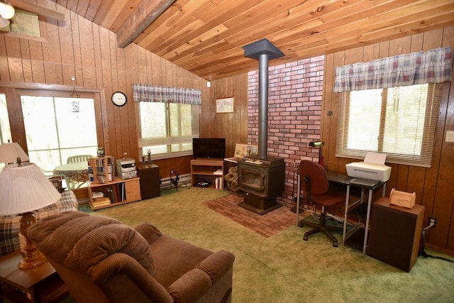 W1829 Broken Bow Rd, Keshena, WI 54135 - carpeted office space with wooden walls, a wood stove, wooden ceiling, and baseboard heating