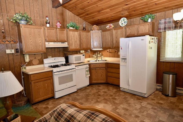 W1829 Broken Bow Rd, Keshena, WI 54135 - kitchen featuring white appliances, under cabinet range hood, lofted ceiling, wooden walls, and a sink