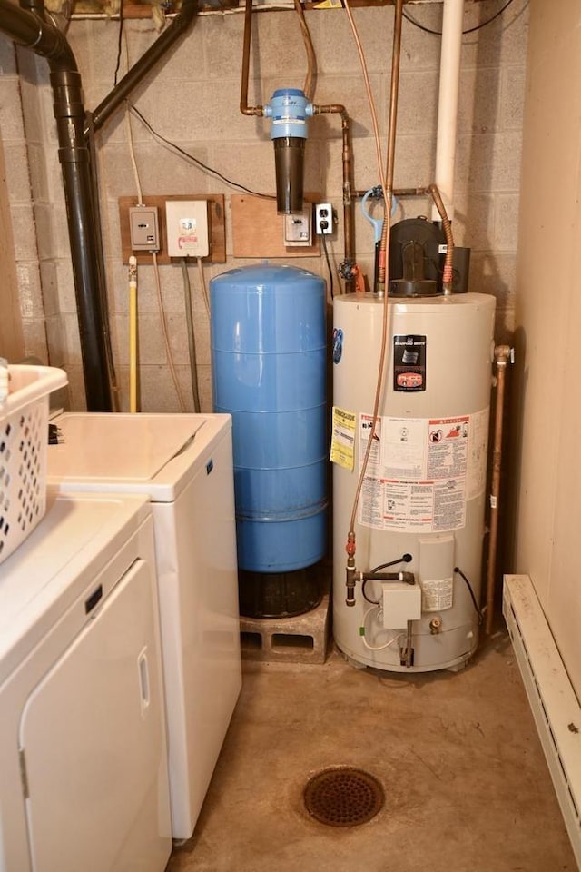 W1829 Broken Bow Rd, Keshena, WI 54135 - utilities with gas water heater, washing machine and dryer, and a baseboard radiator