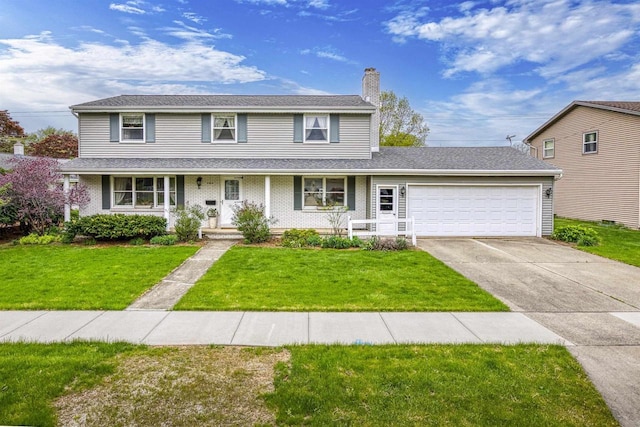 2009 N Eugene St, Appleton, WI 54914 - traditional-style home with a chimney, a garage, concrete driveway, a front lawn, and a porch