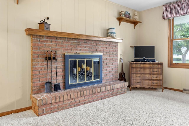 2009 N Eugene St, Appleton, WI 54914 - detailed view of a brick fireplace, baseboards, carpet, and wooden walls