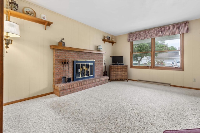 2009 N Eugene St, Appleton, WI 54914 - unfurnished living room featuring a baseboard heating unit, carpet, a fireplace, and baseboards