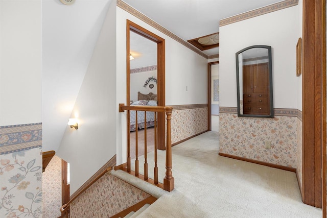 2009 N Eugene St, Appleton, WI 54914 - corridor with carpet floors, ornamental molding, wallpapered walls, an upstairs landing, and baseboards
