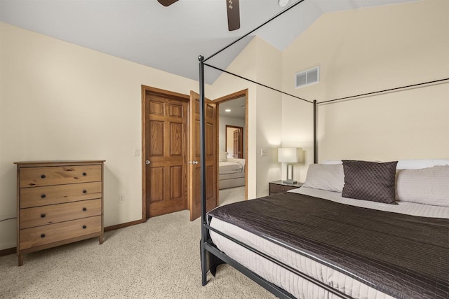 4700 Beaver Dam Rd, Stevens Point, WI 54482 - bedroom featuring light colored carpet, baseboards, a ceiling fan, and high vaulted ceiling