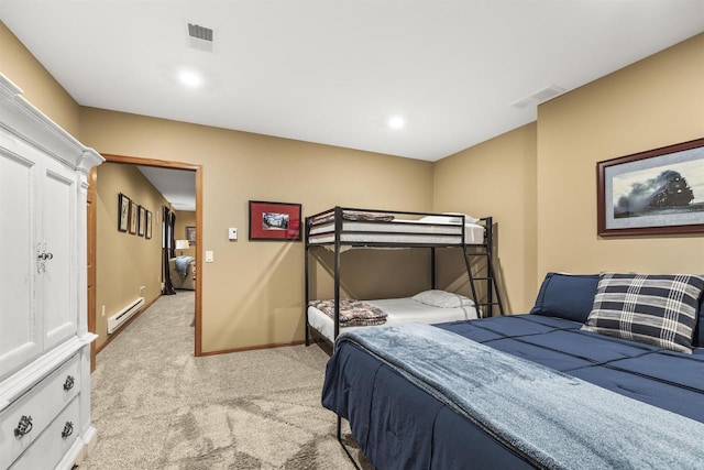 4700 Beaver Dam Rd, Stevens Point, WI 54482 - bedroom featuring baseboard heating, light colored carpet, baseboards, and recessed lighting
