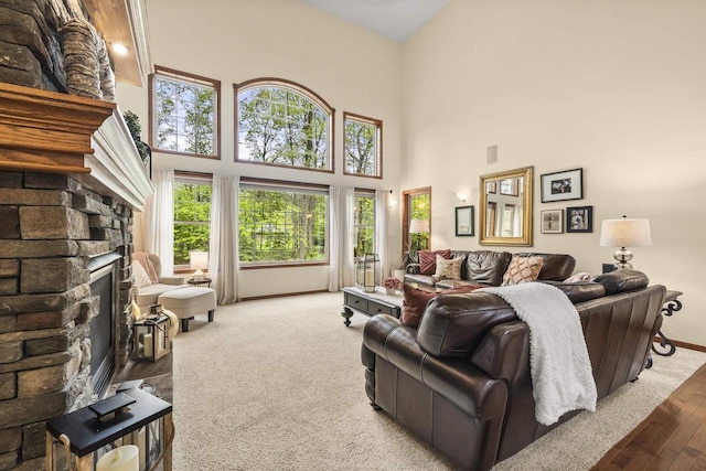 4700 Beaver Dam Rd, Stevens Point, WI 54482 - living room with a stone fireplace, a high ceiling, healthy amount of natural light, baseboards, and hardwood / wood-style flooring