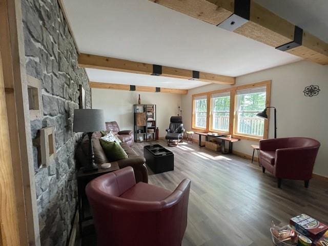12757 County Highway T, Hayward, WI 54843 - living room featuring beamed ceiling, wood finished floors, and a stone fireplace