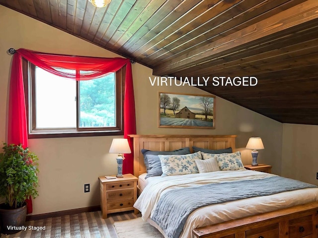 N3615 Badger Ave, Chili, WI 54420 - bedroom featuring lofted ceiling, wood ceiling, baseboards, and carpet flooring