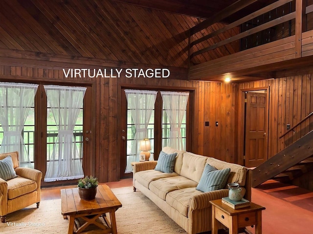 N3615 Badger Ave, Chili, WI 54420 - living area featuring wooden walls, vaulted ceiling, and wooden ceiling