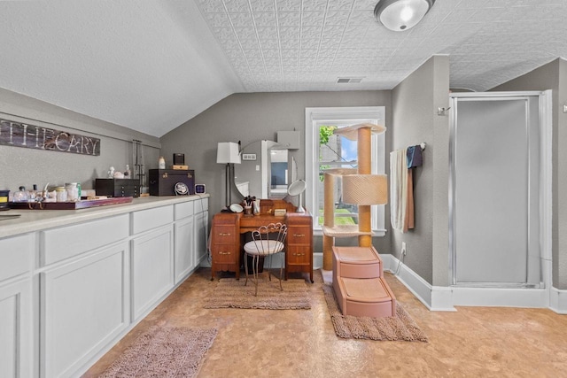 W13491 Reeds Corners Rd, Ripon, WI 54971 - bathroom featuring a shower stall, vaulted ceiling, and vanity