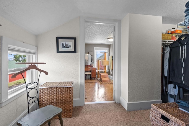 W13491 Reeds Corners Rd, Ripon, WI 54971 - corridor with a textured wall, a textured ceiling, baseboards, carpet, and lofted ceiling