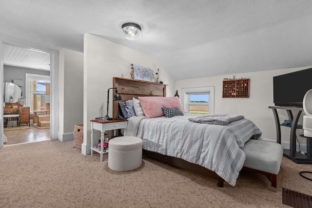 W13491 Reeds Corners Rd, Ripon, WI 54971 - carpeted bedroom with lofted ceiling, baseboards, and a textured ceiling