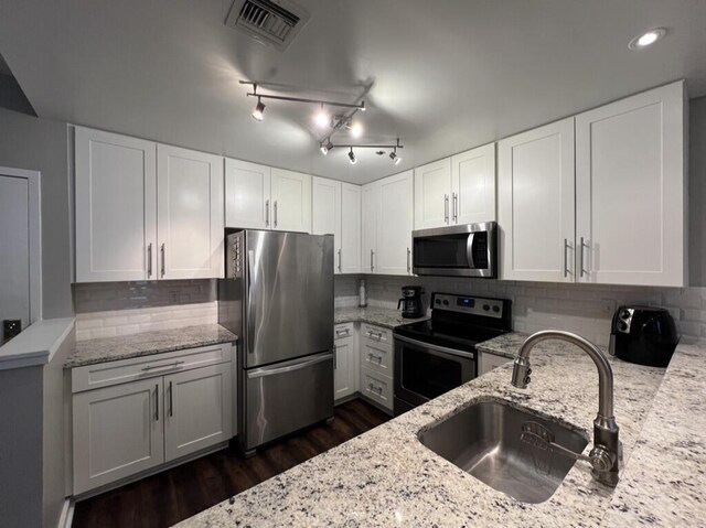 234 N Broadway Unit 302, Milwaukee, WI 53202 - kitchen featuring stainless steel appliances, a sink, light stone counters, dark wood-style flooring, and recessed lighting
