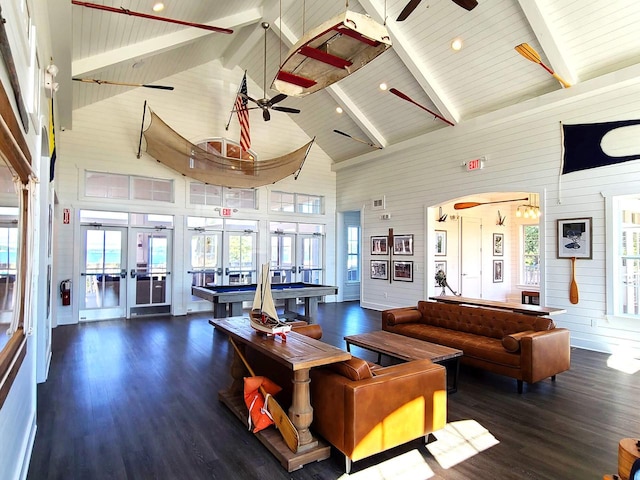 609 Cadence Cir, Lake Geneva, WI 53147 - living room with high vaulted ceiling, french doors, a ceiling fan, wood finished floors, and plenty of natural light