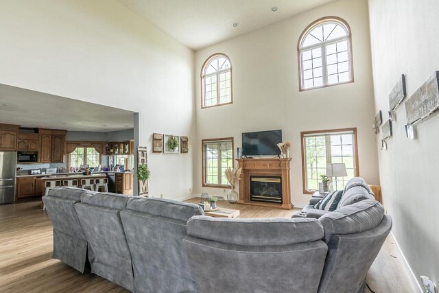 315 N 7th St, Colby, WI 54421 - living room featuring a high ceiling, light wood-type flooring, plenty of natural light, a glass covered fireplace, and baseboards