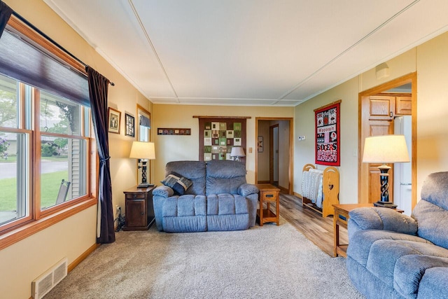 2424 Glendale Ave, La Crosse, WI 54601 - living area featuring ornamental molding, carpet flooring, and baseboards