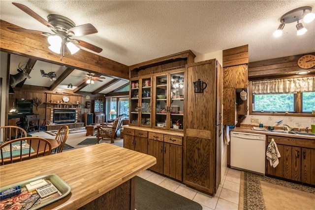10790 Beal Ave, Hayward, WI 54843 - kitchen featuring dishwasher, ceiling fan, a sink, a textured ceiling, and light tile patterned floors