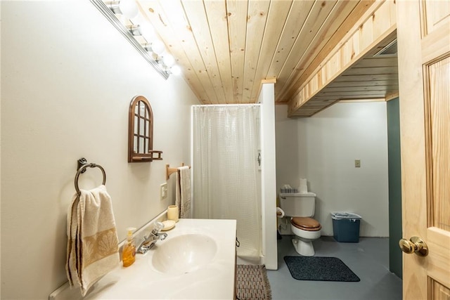 10790 Beal Ave, Hayward, WI 54843 - full bathroom featuring toilet, finished concrete flooring, wooden ceiling, a shower with shower curtain, and vanity