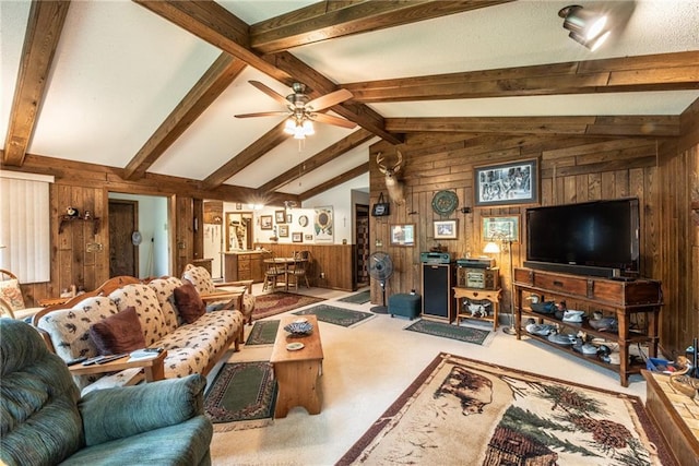 10790 Beal Ave, Hayward, WI 54843 - carpeted living area with wood walls and ceiling fan