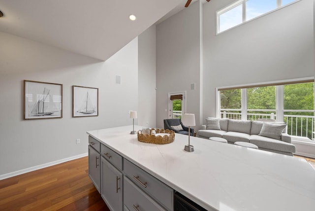 485 Mill St, Fontana, WI 53125 - kitchen featuring baseboards, high vaulted ceiling, gray cabinetry, dark wood-style floors, and a ceiling fan