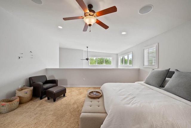 485 Mill St, Fontana, WI 53125 - carpeted bedroom featuring vaulted ceiling, ceiling fan, recessed lighting, and baseboards