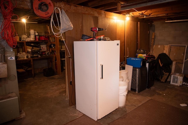 207 S Beach St, Plainfield, WI 54966 - unfinished below grade area with freestanding refrigerator