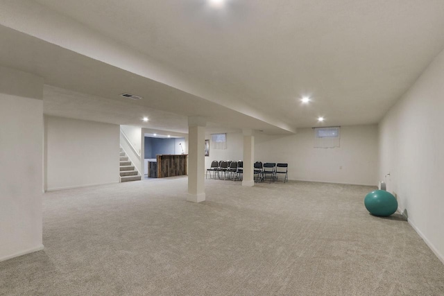 8124 W Imperial Dr, Franklin, WI 53132 - finished basement featuring carpet floors, recessed lighting, baseboards, and stairs