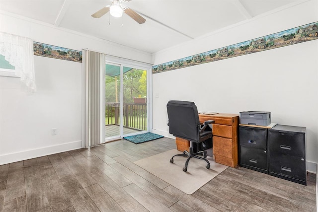 25 E 1st St, Clintonville, WI 54929 - office area featuring wood finished floors, a ceiling fan, and baseboards