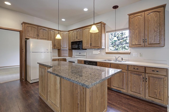 3205 N Mistwood Ln, Appleton, WI 54914 - kitchen with black appliances, a center island, a sink, dark wood-style floors, and brown cabinetry