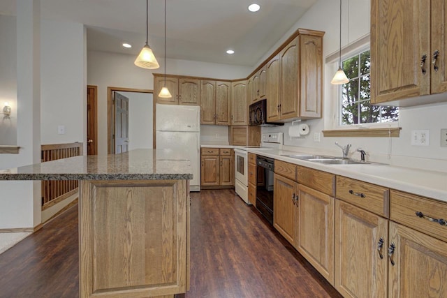 3205 N Mistwood Ln, Appleton, WI 54914 - kitchen with black appliances, a sink, dark wood-style flooring, recessed lighting, and pendant lighting