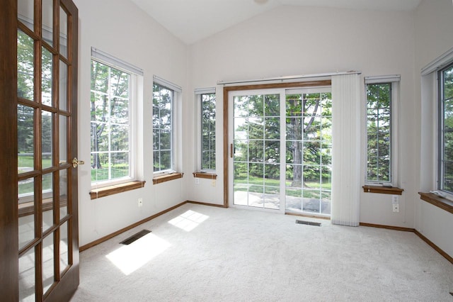 3205 N Mistwood Ln, Appleton, WI 54914 - unfurnished sunroom featuring plenty of natural light, carpet floors, vaulted ceiling, and baseboards